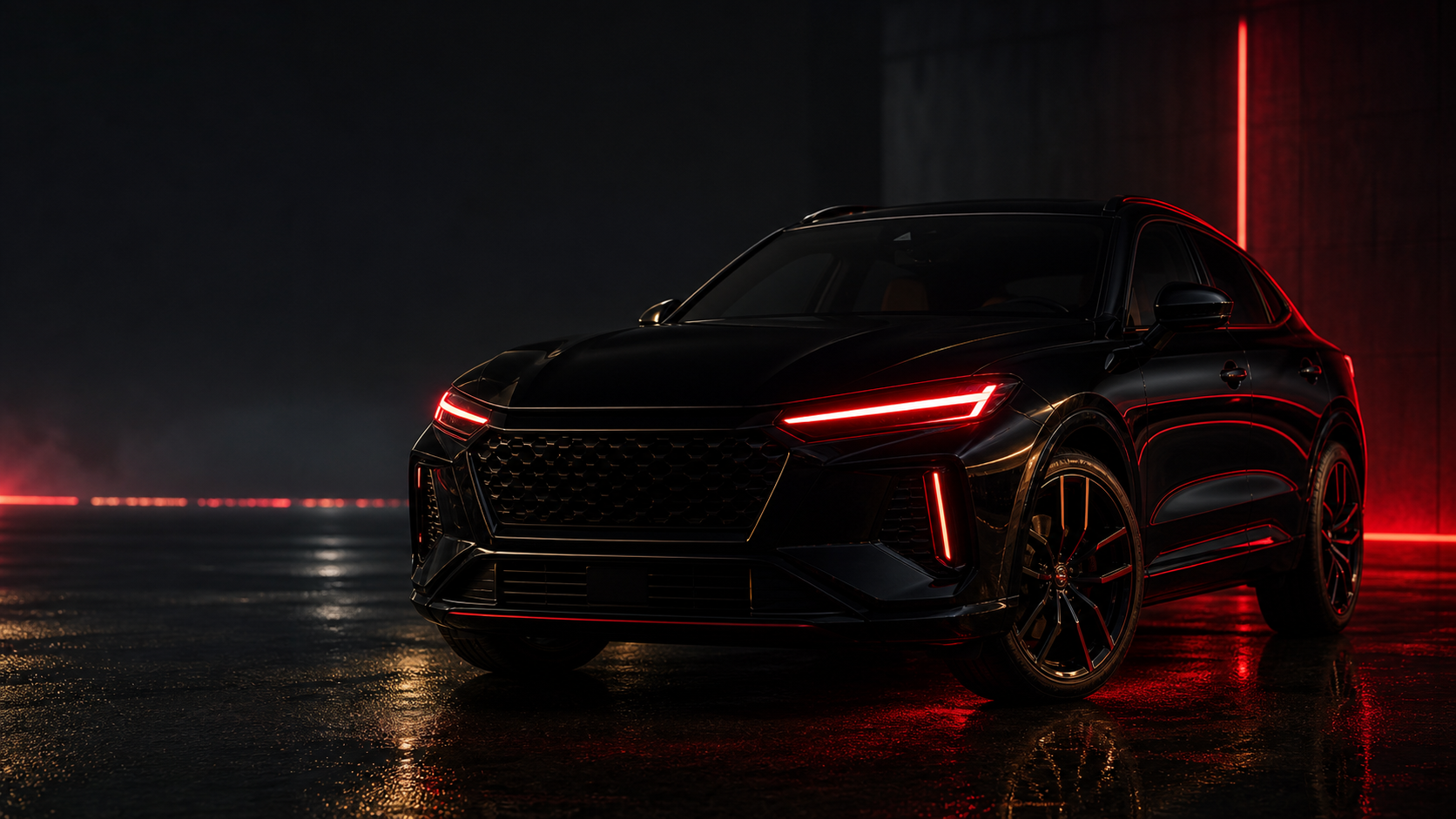 Voiture noire premium avec éclairage LED rouge pour Med Rent Car